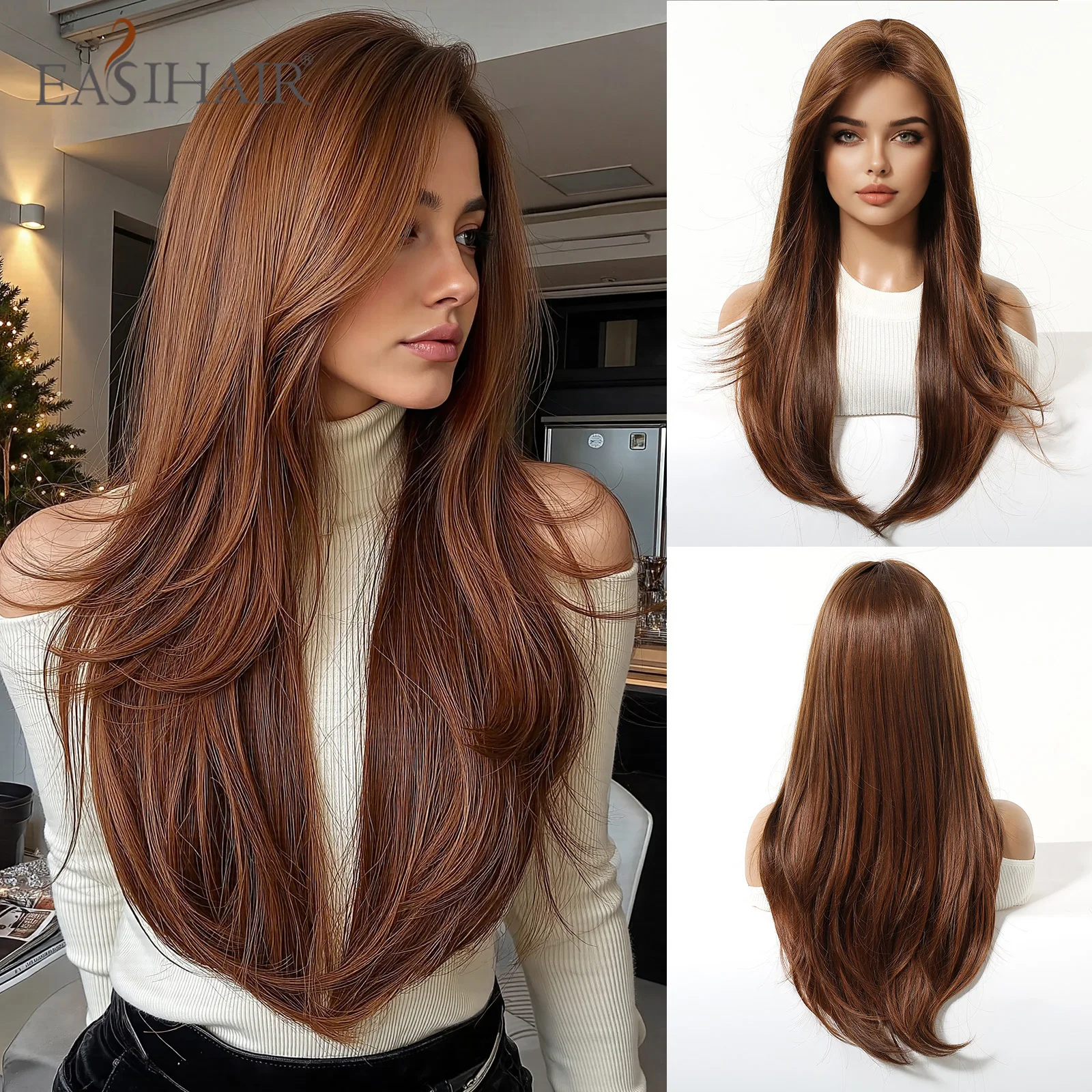 

Синтетический парик EASIHAIR, длинный прямой, коричневый, с центральным пробором, с челкой, термостойкий, модный женский парик для повседневной носки