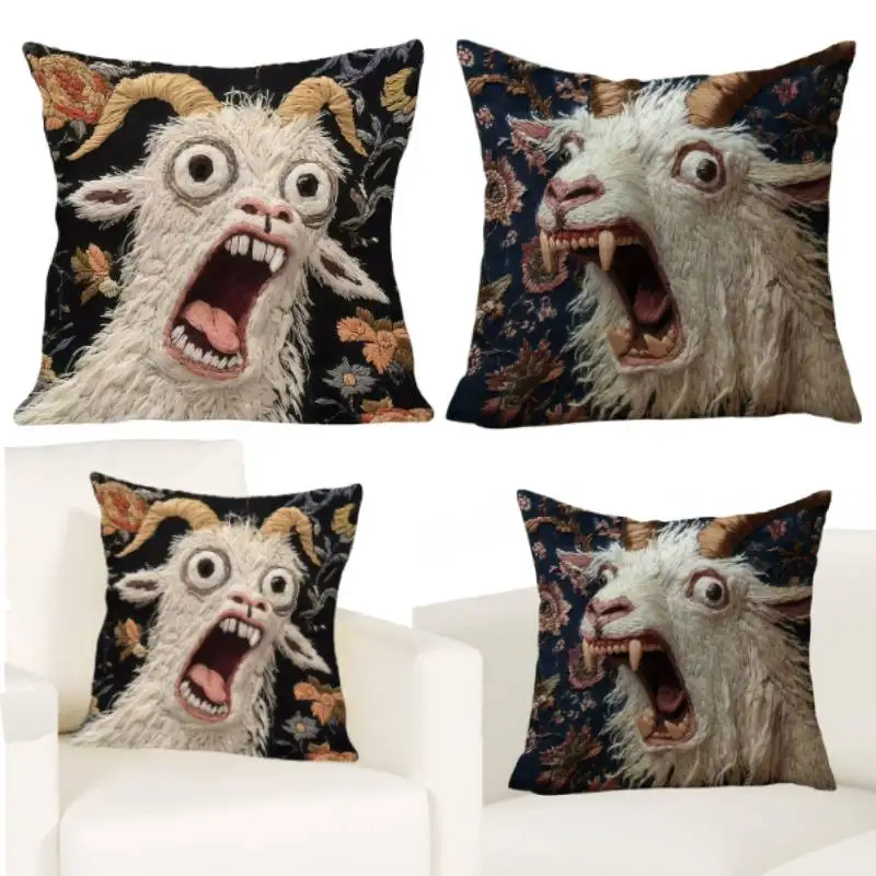 Spooky Goat Face 2D Cushion Cover, 18x18 Inch Nordic Screaming Goat Pillow Cover for Home Office Coffee Shop Car Sofa Pillow