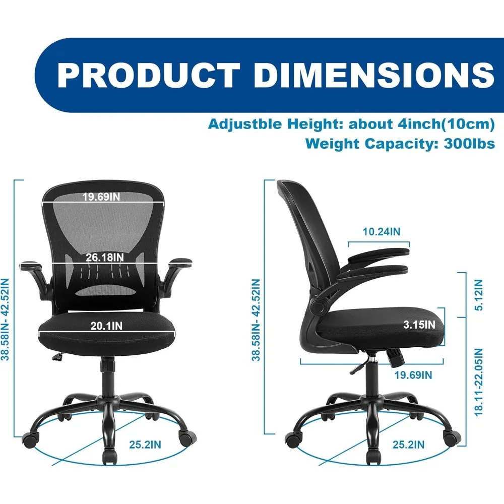 Ergonomic Mesh Chair for Home Office Desk, Adjustable Height with Lumbar Support and Flip-up Armrests, Black