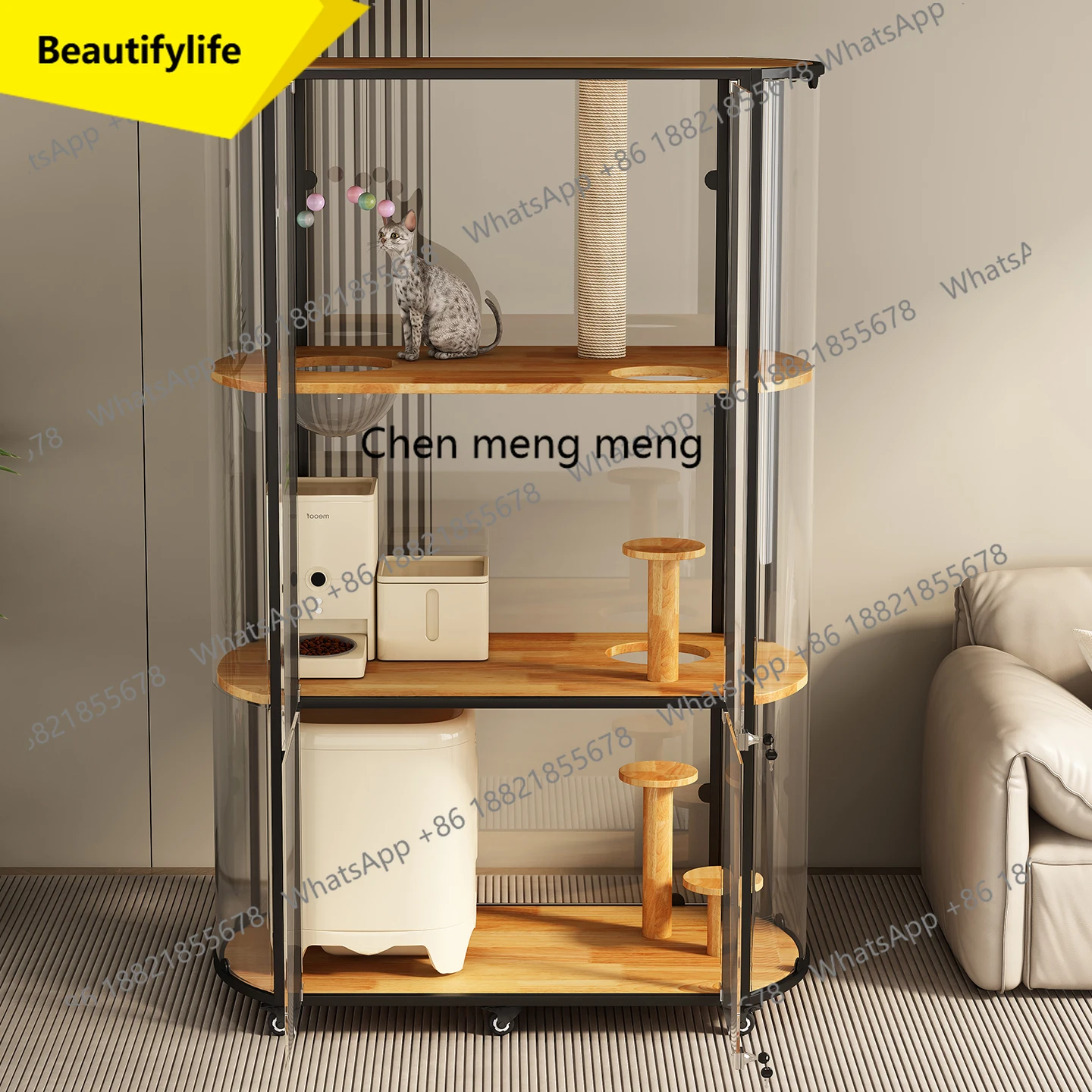 

X188 Panoramic cat villa luxury glass large solid wood cat cage household automatic cat litter box