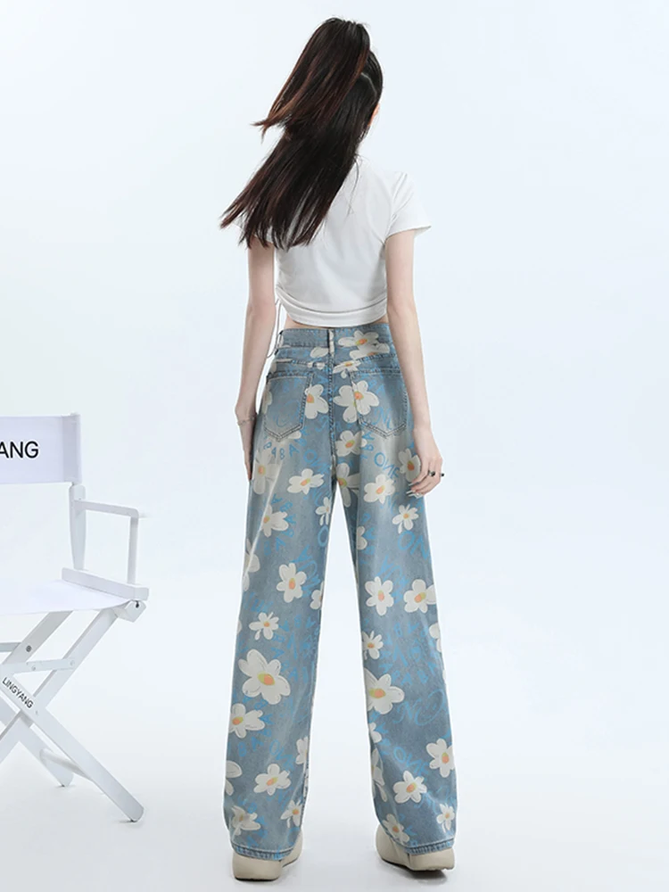 Daisy Print Jeans Women American Trendy Summer New High Waist Slender Loose Wide Leg Trousers Aesthetic Temperament Designed