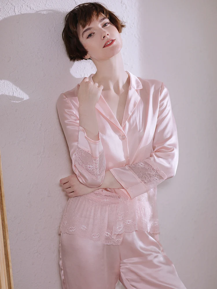100% Mulberry Silk Pajamas Set with Lace Hem Long Sleeve 2 Piece Sleepwear Nightwear for Women Lapel Pajama Loungewear Pyjamas