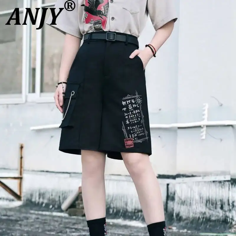 ANJY Spring Summer New Women Dark Style Printed Chain Wide-Leg Personality Shorts Trendy High Street Casual Cropped Pants A23960