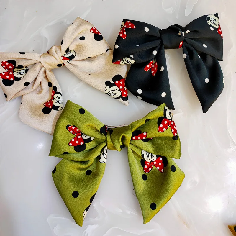 

Miniso Spring and Summer Fabric Bow Automatic Clip Girl Cute Print Mickey Bow