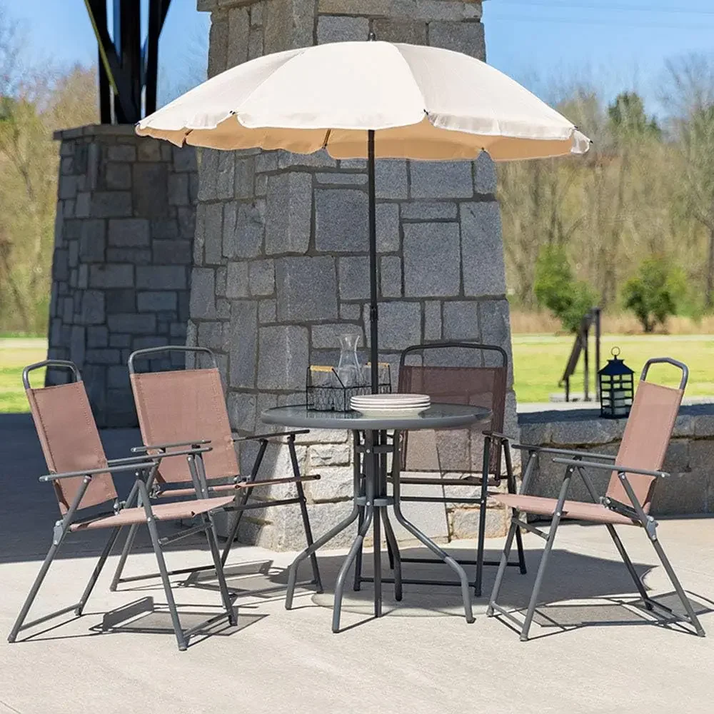 

Nantucket 6-Piece Patio Dining Set with Glass Table, 4 Folding Chairs, and Umbrella, Outdoor Patio Table