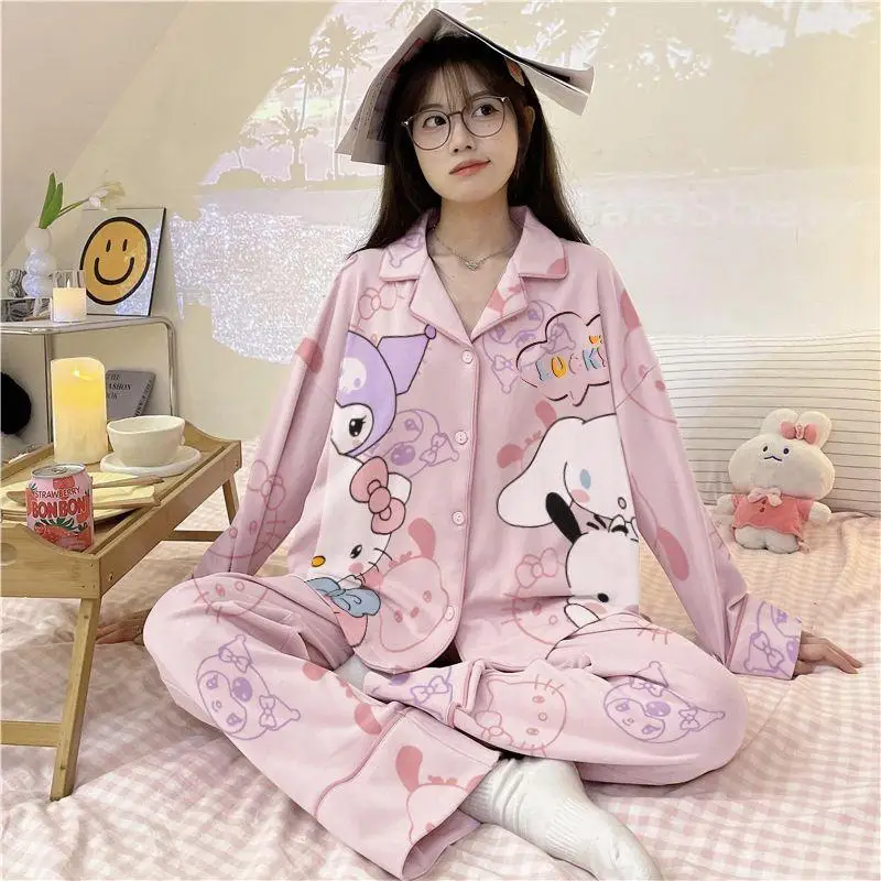 

2 шт. милые пижамы Sanrio Hello Kitty Kawaii, брюки с длинными рукавами, милый модный тренд, удобный дышащий подарок для подруги