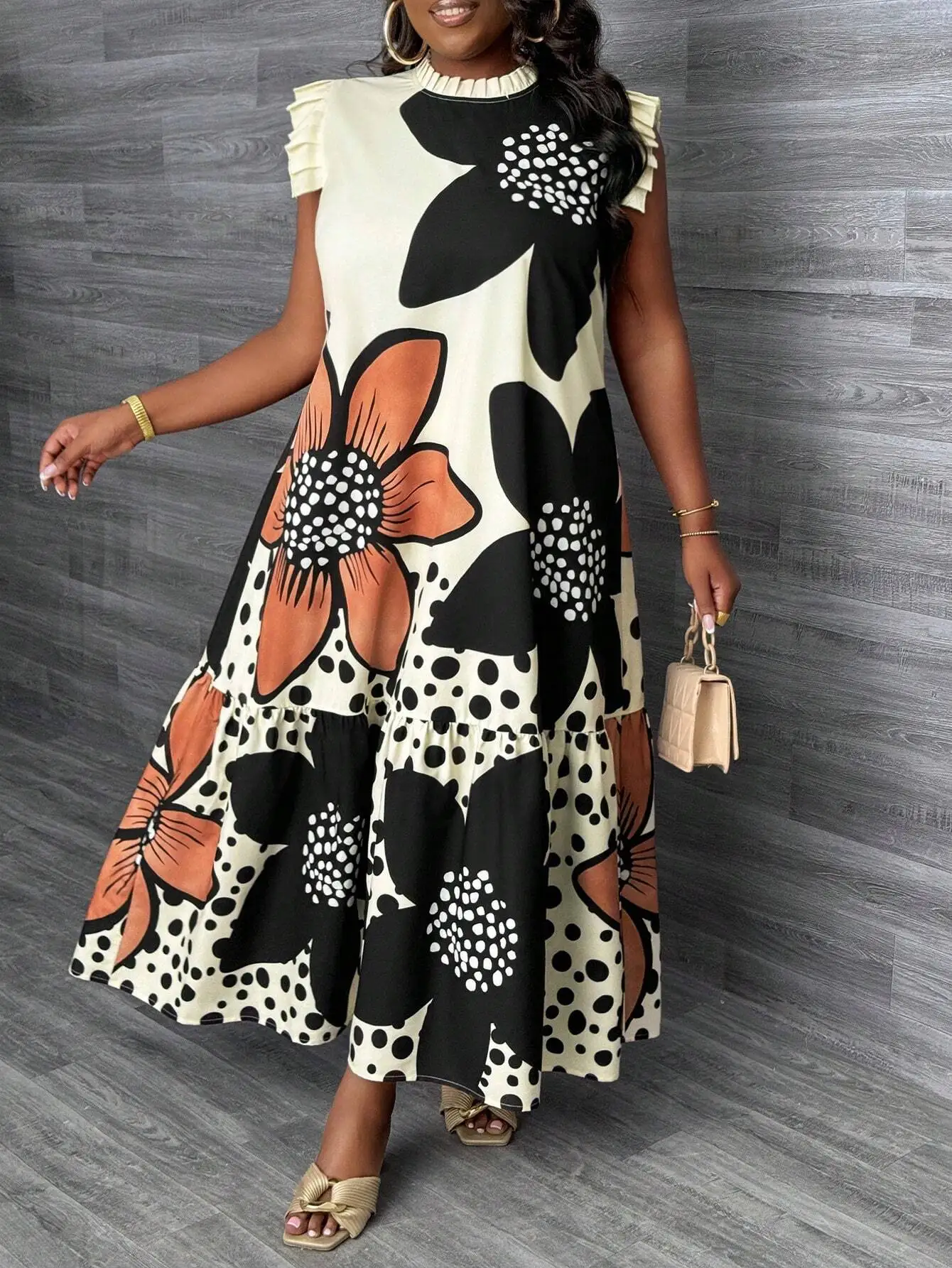 

Женское платье больших размеров с цветочным принтом, без рукавов, с оборками, многоярусное, свободное, элегантное, повседневное, летнее, в стиле бохо