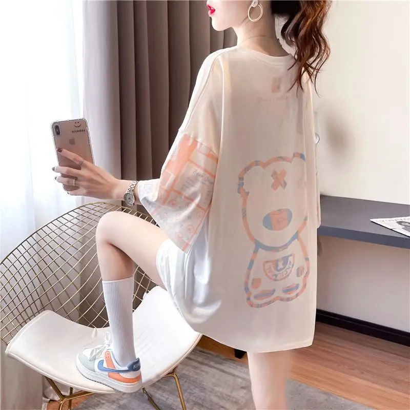 Female Casual Korean Printing O-neck Short Sleeve Top Tee 2024 New Summer Street Casual Patchwork Loose T-Shirts Women Clothes