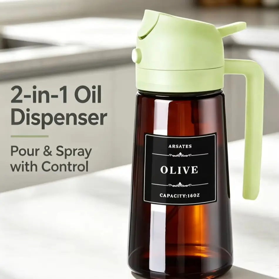 BBQ Spray and Pour 2-in-1 Glass Oil Dispenser Sprayer 16oz Leakproof Olive Oil Bottle for Cooking Air Fryer