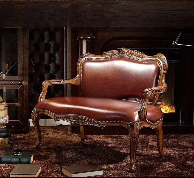 

American solid wood retro old carved living room double sofa European light luxury
