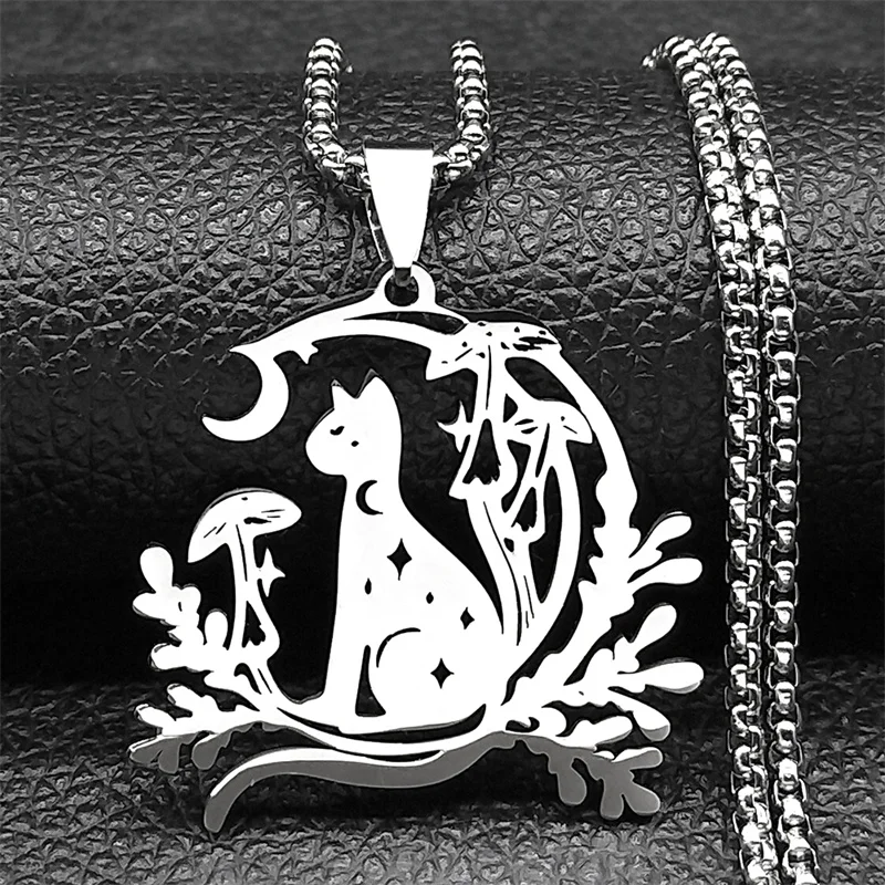 Nacht Hexerei Schwarze Katze Anhänger Halskette Für Frauen Männer Edelstahl Halbmond Pilz Pflanze Kette Schmuck Geschenke – Detail 4