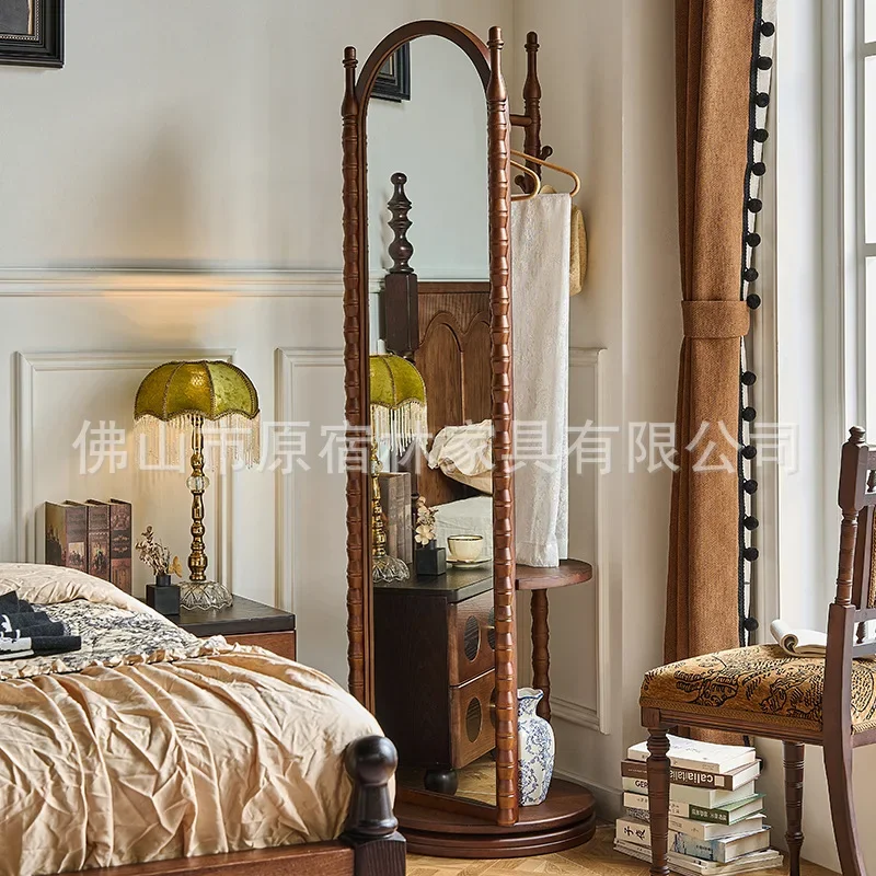 DSA French solid wood full-length mirror medium and ancient style rotatable floor mirror living room home bedroom full-body