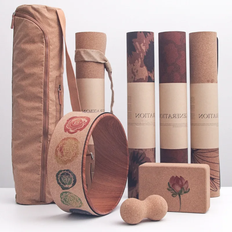 Cork Rubber Yoga Mat Set, 183x61cm with Back Roller Wheel, Fascia Ball Shoulder Expander for Pilates Home Gym Women Men Use