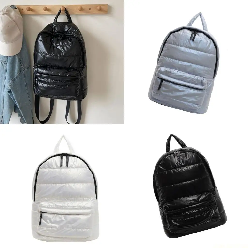 

X90D Elegant Women Men Metallic Puffer Quilted Backpack Lightweight Nylons Travel School Shoulder Bag with Amples Storage