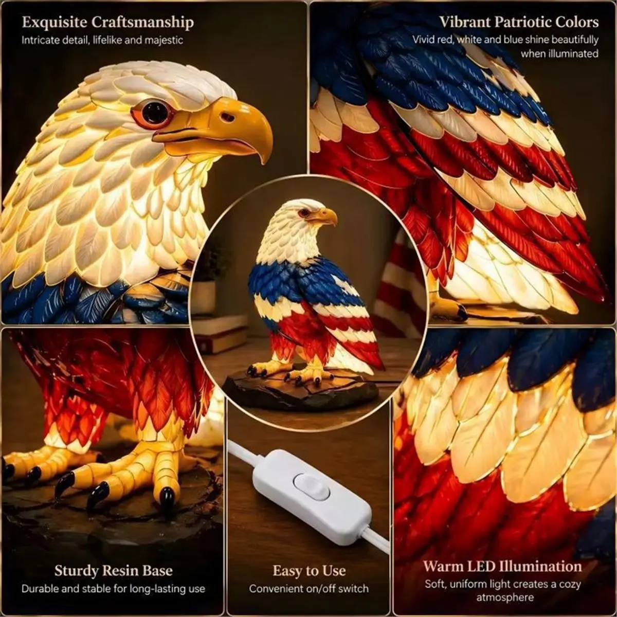 PHONE&GEAR Eagle Resin Table Lamp Atmospheric Desktop Night Light for Independence Day, Memorial Day & Home Decor