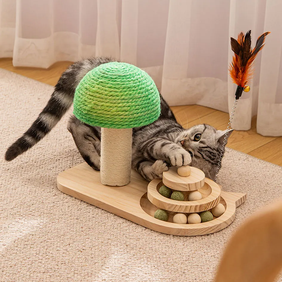 

Cat Toy - Durable Teasing Stick With Sisal Ball and Solid Wood Turntable - Cat Scratchers and Furniture Cats Pet Products Toys