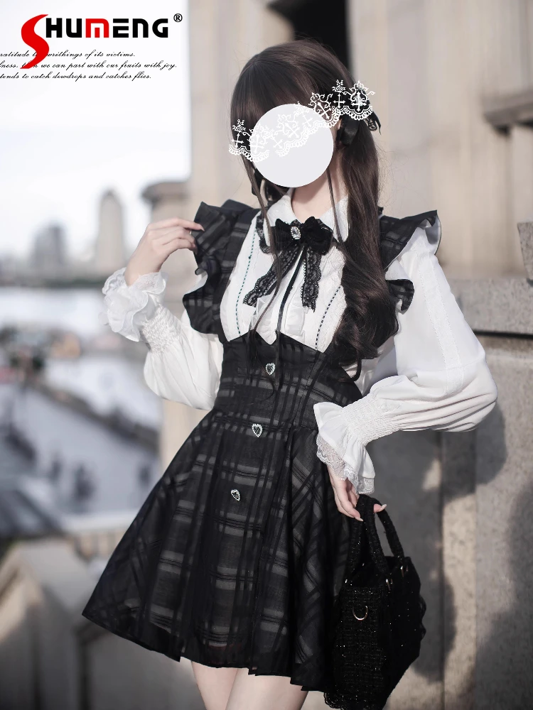 

Original Japanese Mass-Produced Mine Plaid Skirt Set Japanese College Style Lolita Sweet Long Sleeve Shirt Skirt Women's Outfits