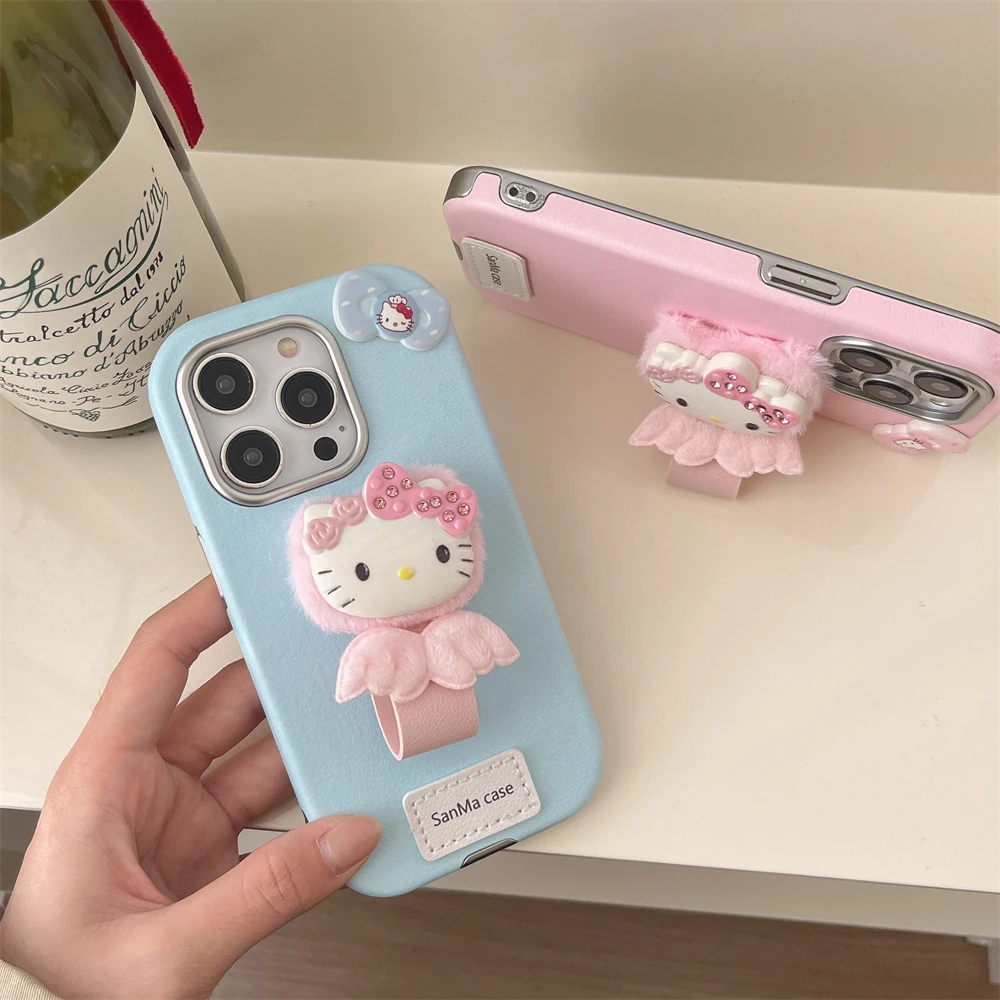 

Роскошный цветной кожаный чехол-держатель с рамкой для iPhone 13 14 15 16 Pro Max Plus, бампер, милый чехол Hello Kitty 3D