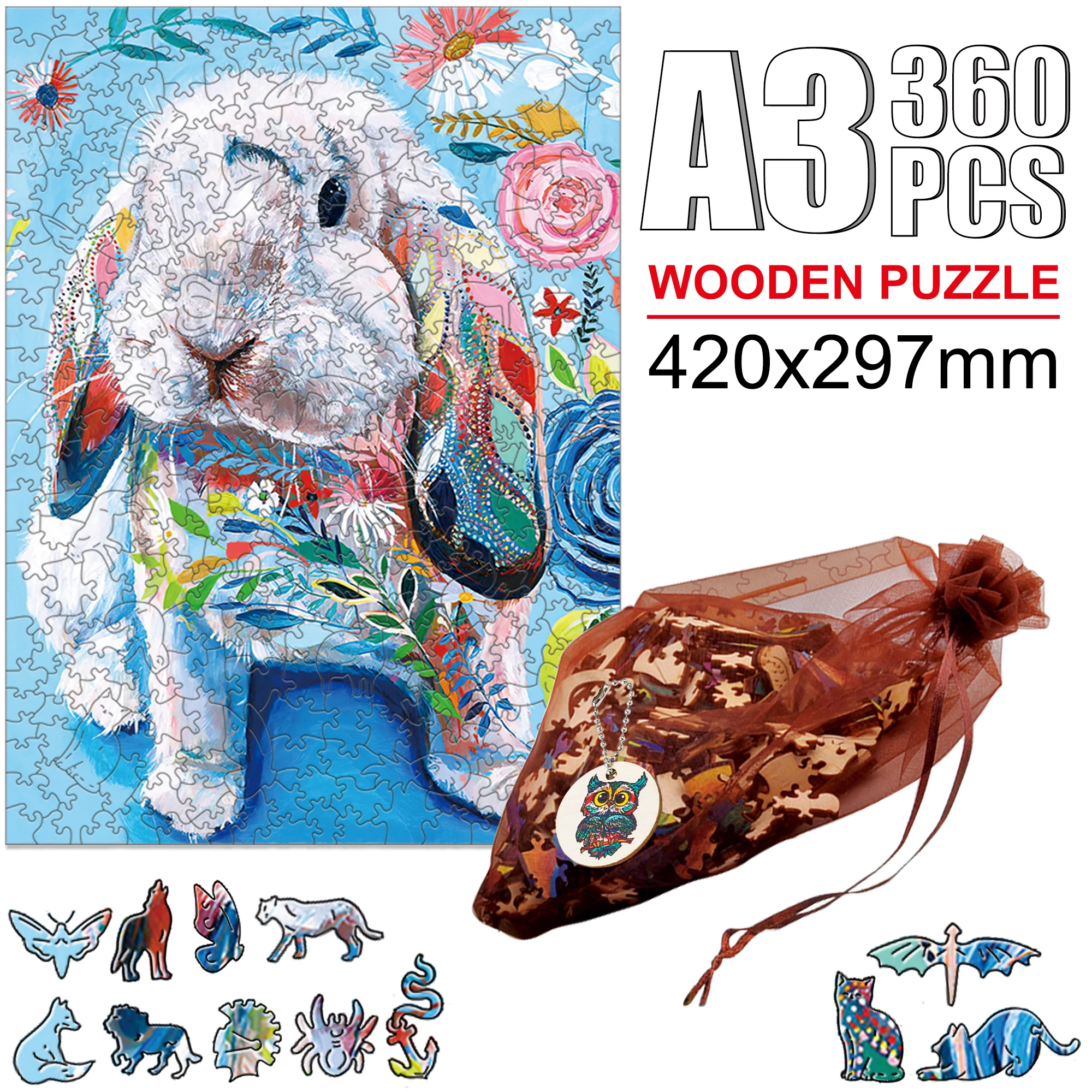 Wooden Animal Puzzle Colorful Rabbit Elephants Deer Horse Puzzl Toy For Adults Kids DIY Crafts Educational Games Toys Puzzle