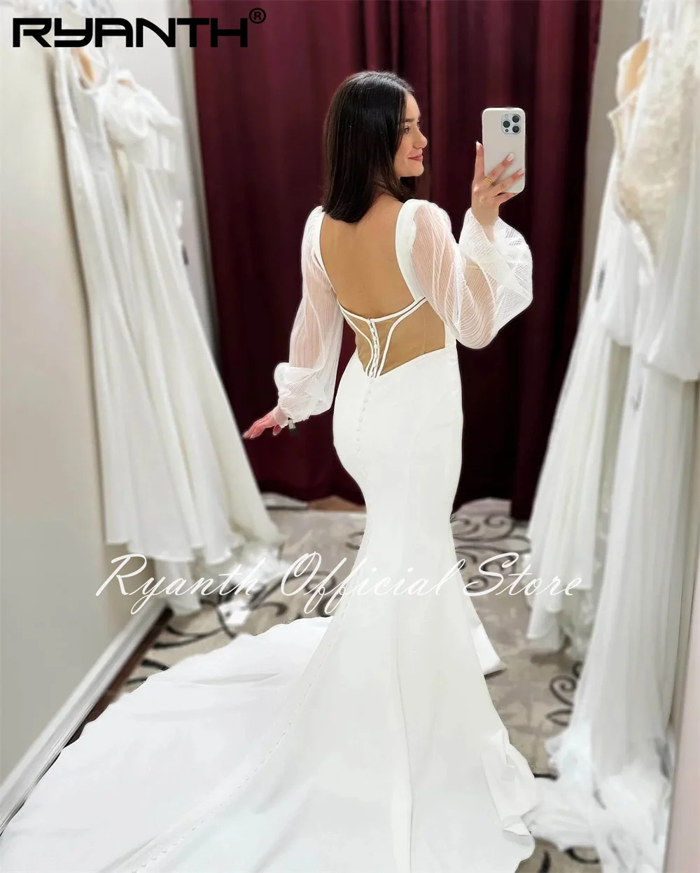 Ryanth Elegant Long Puff Sleeves V-neck Soft Satim Mermaid Wedding Dresses Backless Custom Made 2024 Vestido De Noival õhtukleit