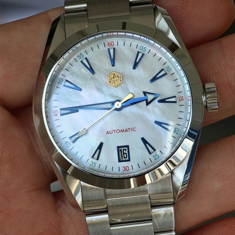 سان مارتن 38 مللي متر MOP الهاتفي الرياضة ساعة فستان فاخر الرجال NH35 الحركة التلقائية الميكانيكية ساعة اليد مقاوم للماء 100 متر SN0113W V2 #1