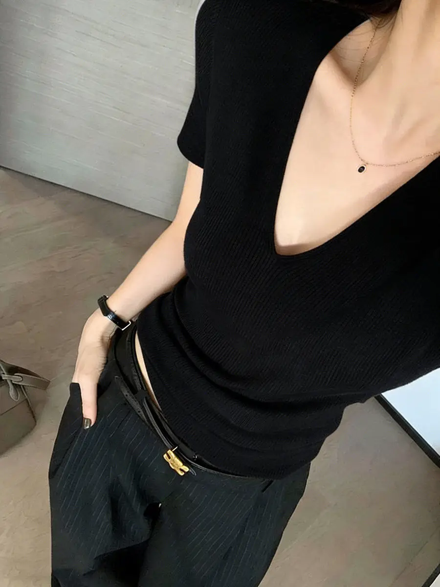 Slim Fit Ice Silk Knitted Short Sleeve V-Neck T-Shirt Women's Summer Fashionable Inner Wear Breathable Comfortable Korean Style