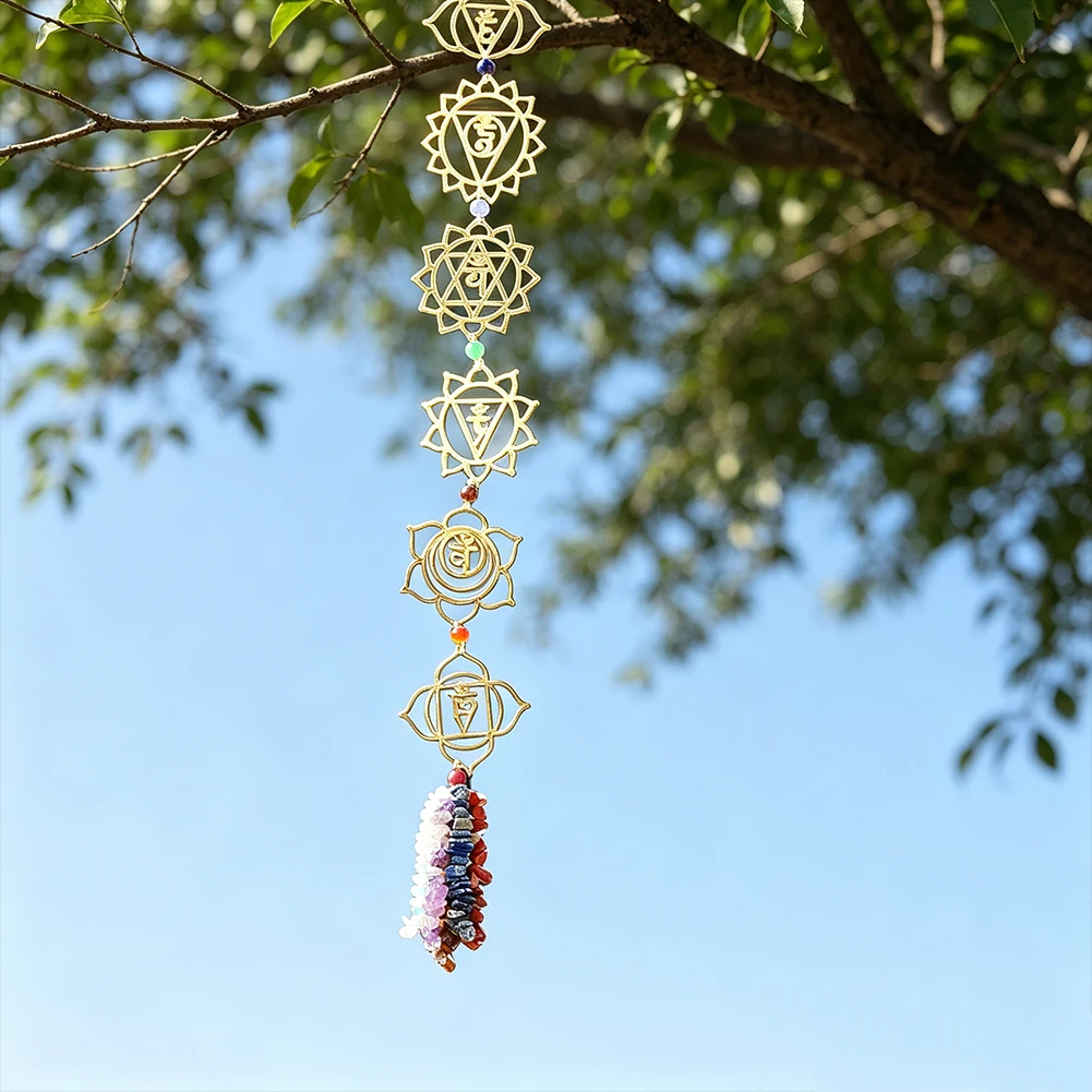 7 Chakra Hollow Gold Metal Wall Hanging Natural Chipped Stone Tassel Yoga Meditation Spiritual