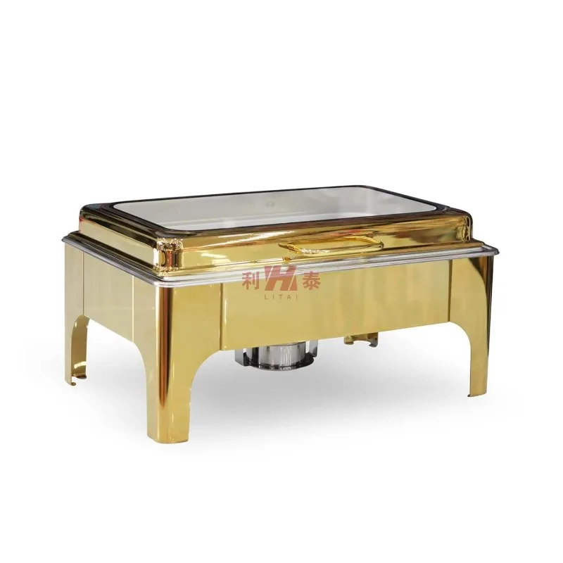 

9L gold rectangular food warmer stainless steel flip top hot pot with visible glass cover restaurant