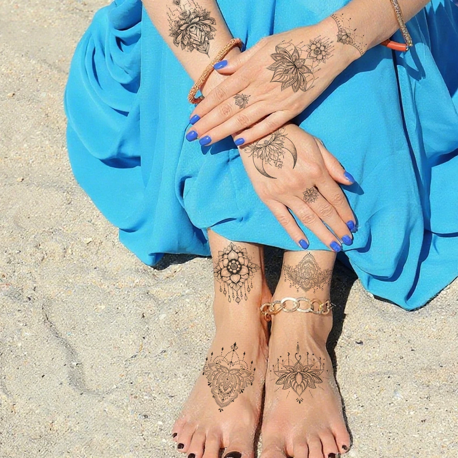 10 Sheets Sexy Black Lotus Temporary Tattoos For Women Wedding Brides, Tribal Fake Jewelry Pendant Lace Moon Moth Flowers