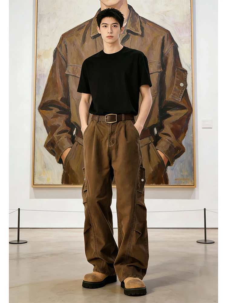 

American Sle Men's Workwear Jeans High Street Cleanfit Brown Loose Straight Leg Micro Flared Pants Youth Faion Jeans