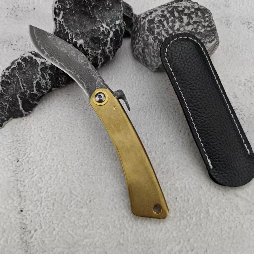 EDC Higonokami Damascus Folding Knife with Leather Sheath Outdoor Hiking Essential Pocket Knife Camping Fishing Utility EDC Tool
