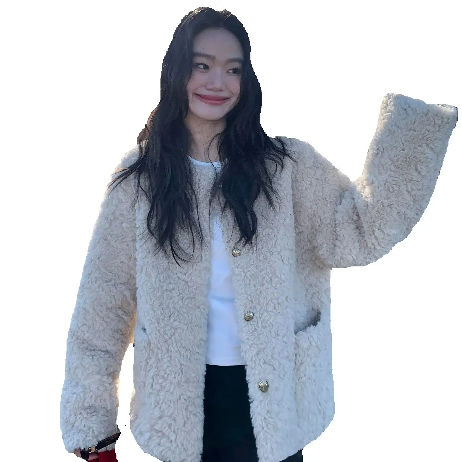 Cappotto di pelliccia elegante con collo rotondo in un unico pezzo di pelliccia calda autunnale e invernale da donna in finta pelliccia di agnello ecologico