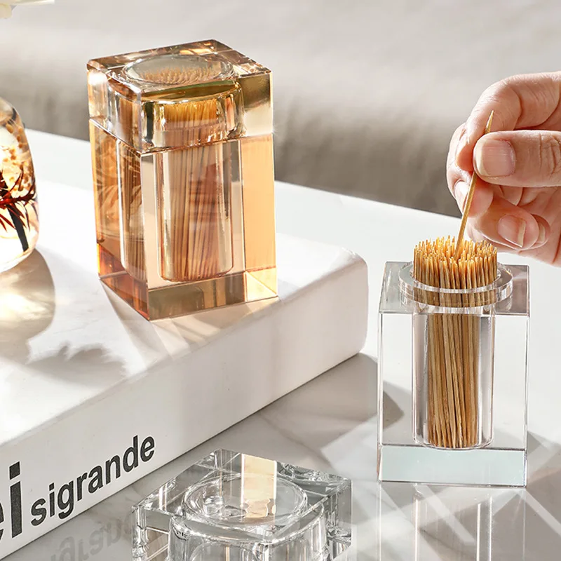 Luxury Crystal Glass Toothpick Box Barrel Home Dining Table Hotel Cotton Swab Dental Floss Storage Box Jar Clear Glass Container