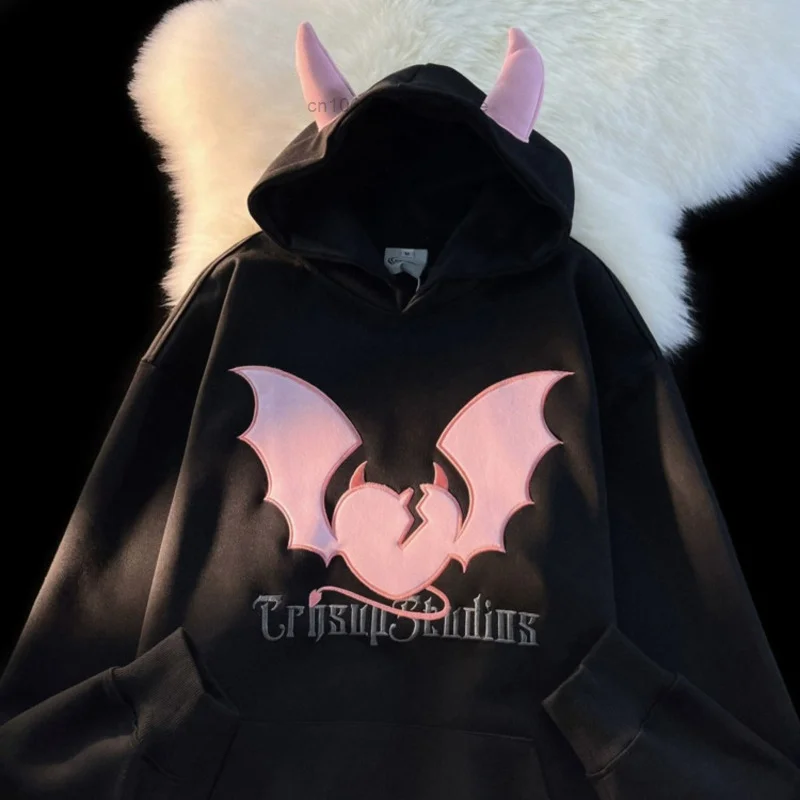 American Embroidered Broken Heart & Devil Horns Hooded Sweater for Men and Women Y2k Punk Loose Oversize Pullovers Trend Hoodie