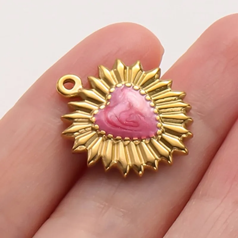 2 Stück Perlmuttrosa/Hot Pink Emaille-Anhänger mit heiligem Herz für Schmuckherstellung, Flammen-Liebes-Anhänger, handgefertigte Halskette, Geschenk – Detail 10
