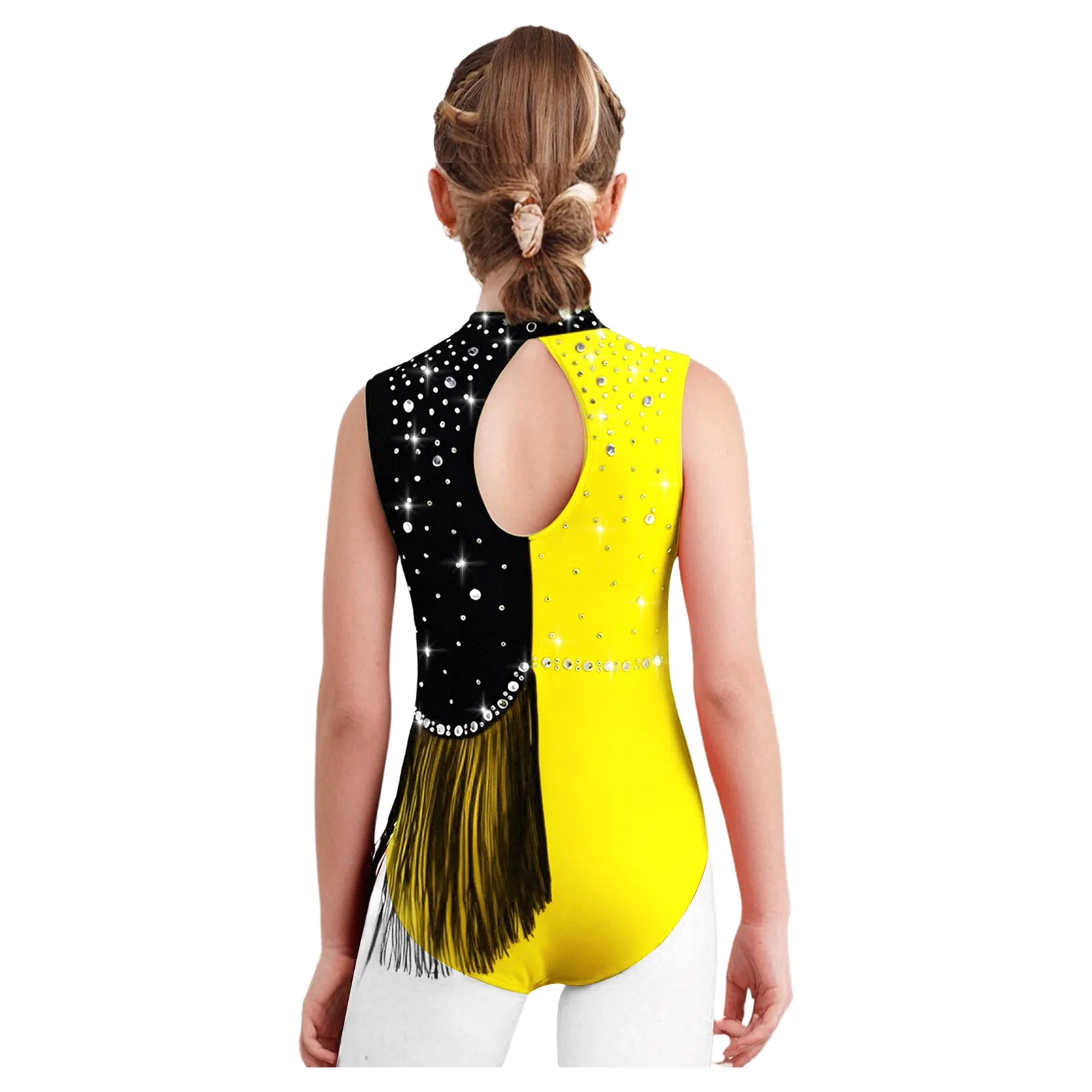 Kids Girls Gymnastics Leotard Mock Neck Sleeveless Shiny Rhinestones Tassels Ballet Dance Bodysuit for Dance Figure Skating Show