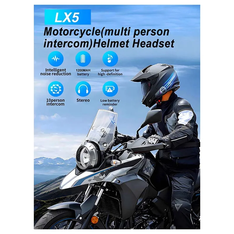 

ABFM-LX5 Мотоциклетный шлем, наушники, сетчатый домофон для 10 гонщиков, динамик громкой связи 2000 м, Bluetooth 5,3, водонепроницаемый