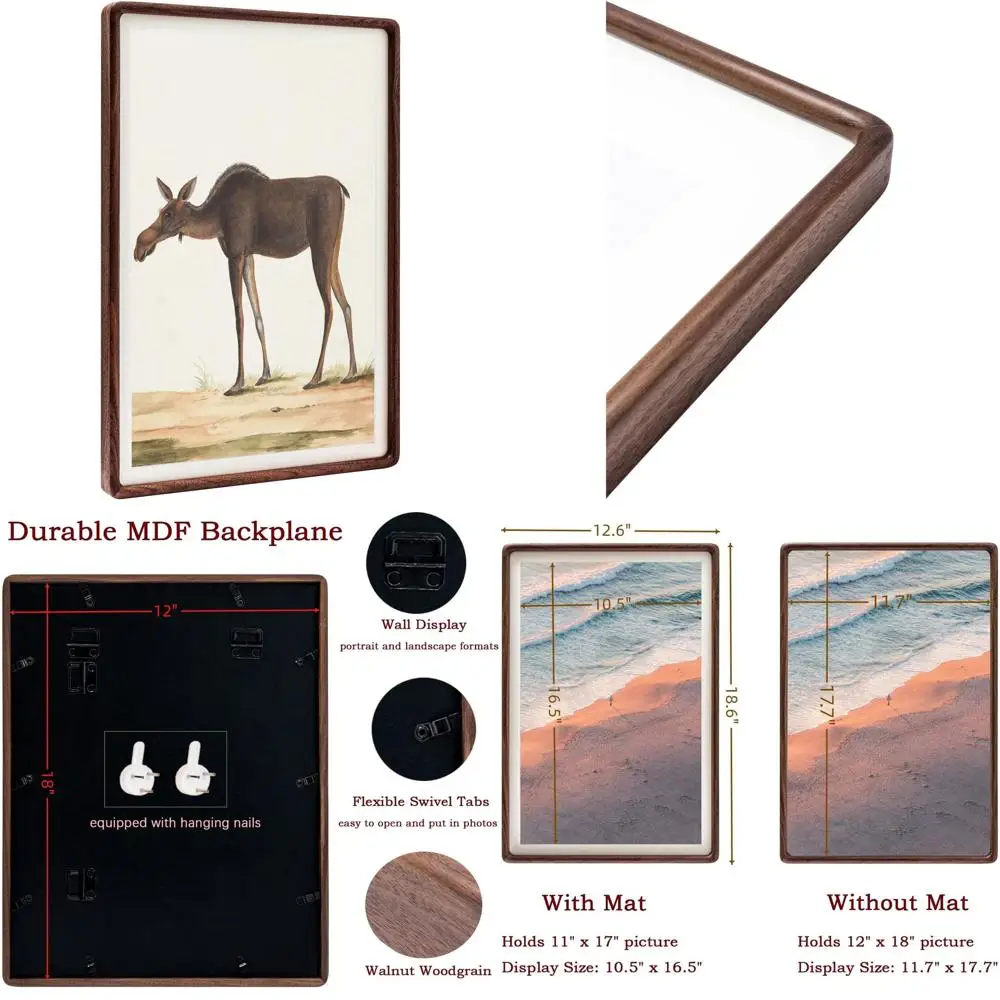 

Элегантная рамка для постеров из массива орехового дерева 12x18 с подложкой для изображений 11x17, подходит для настенного крепления в галерее.