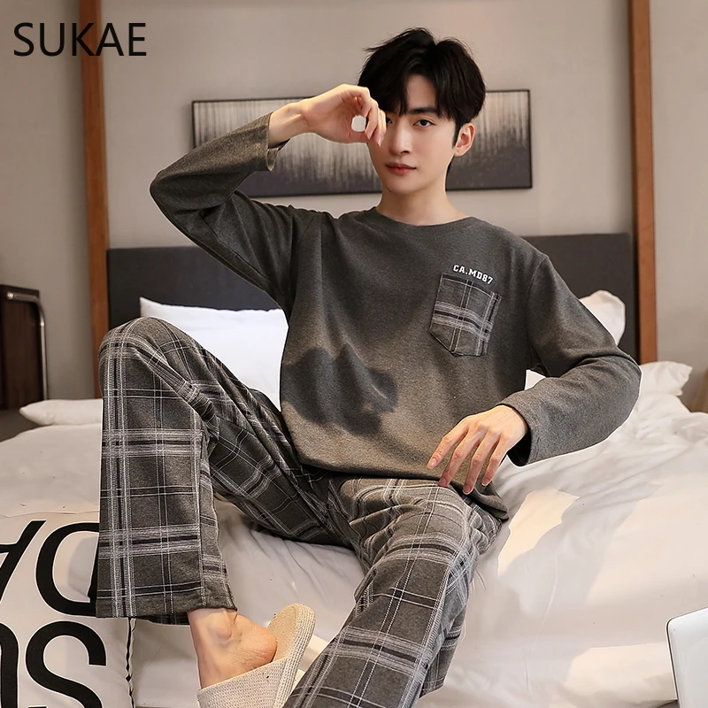 SUKAE Mens Cotton Pajamas Set Autumn Winter Leisure Long Sleeves Sleepwear L-5XL Big Nightwear Boy Pijama Gentleman Homesuit