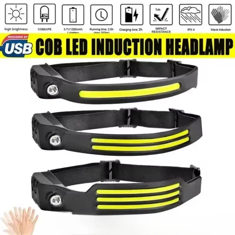 Induction COB+LED Head Flashlight USB Rechargeable Headlamp with Three Light Source Portable Camping Fishing Outdoors Work Light