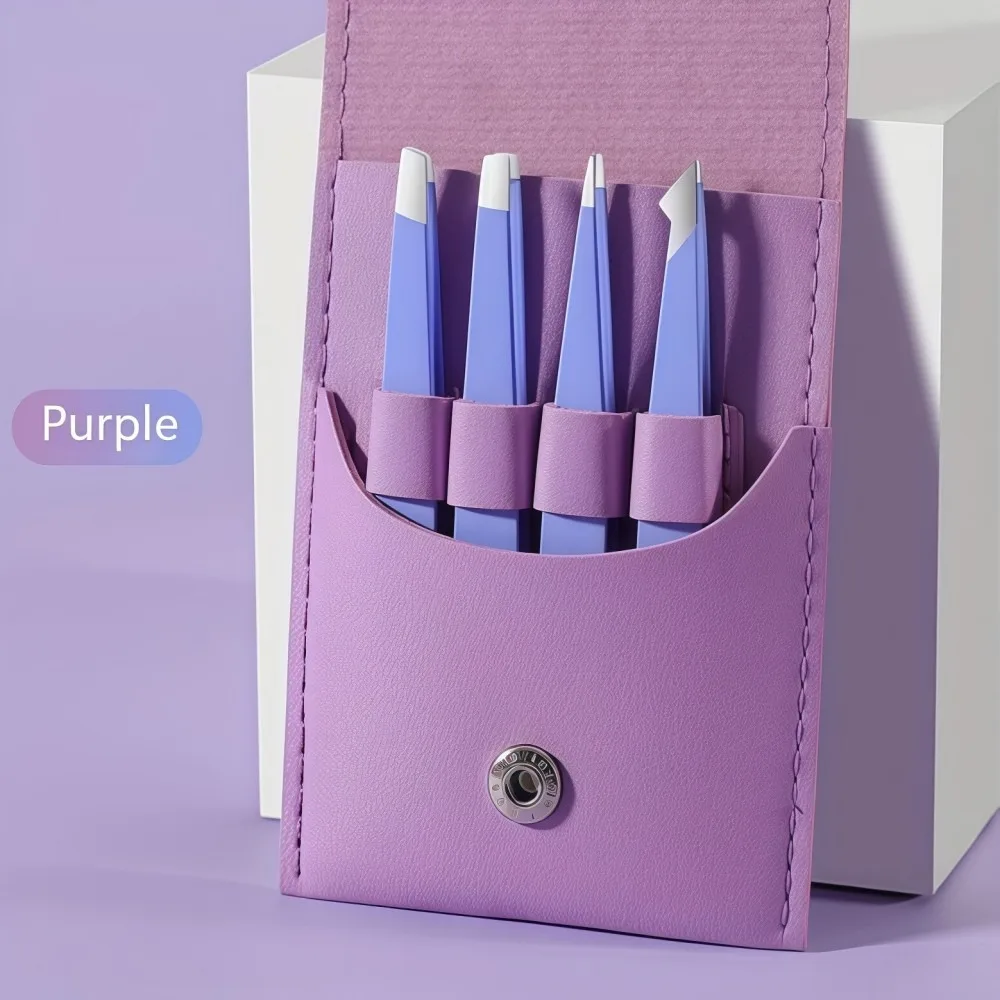 Zestaw 4 szt. pęset ze stali nierdzewnej do brwi, pęsety z ukośnym ostrzem i spiczastą końcówką do brody, z torbą do przechowywania, pęsety do rzęs.