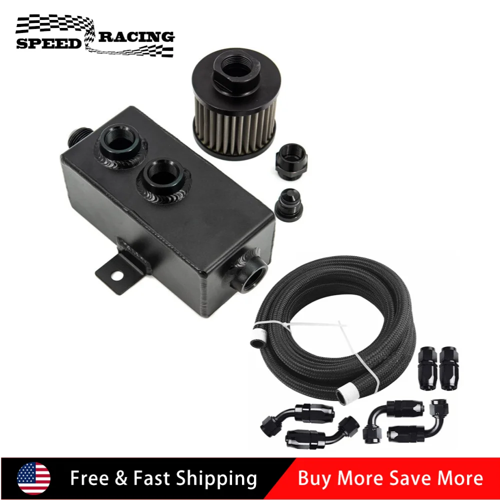 

1L Aluminum Oil Catch Can Reservoir Tank Breather Filter Baffled+10AN Fuel Line Kit Black OCC-1001