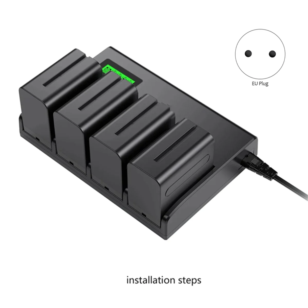 4-Channel Battery Charger with LCD Display for NP-F970, NP-F960, NP-F770, NP-F750, NP-F570 Camera Battery EU Plug