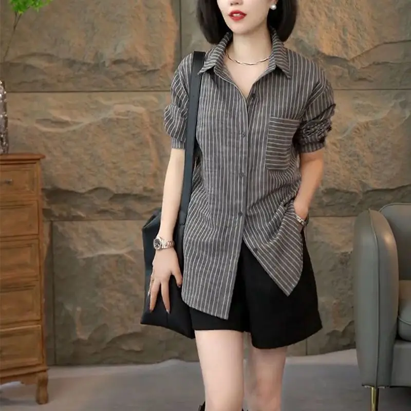 

Ele Striped irt Women's Casual Sle Long Sve Slimming Effect Outerwear Top for Commuting Spring Autumn Faion