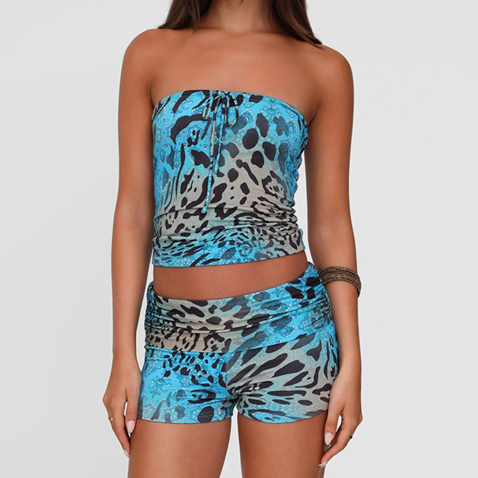 Women's Summer Shorts Outfit Slim Fit Stylish Print Tie Front Strapless Tops and Shorts 2 Pcs Set
