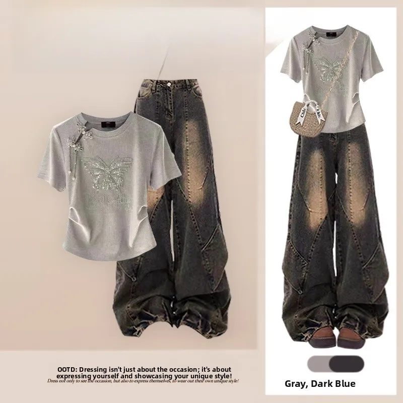 Conjunto de Verano Tallas Grandes con Brillo, Camiseta de Manga Corta y Jeans Anchos Casuales, Conjunto de Dos Piezas para Mujer