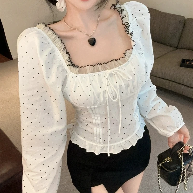 

OCEANLOVE Sexy Polka Dot T Shirt for Women Square Neck Spring Autumn Retro Ropa De Mujer Korean Fashion Puff Sleeve Tees
