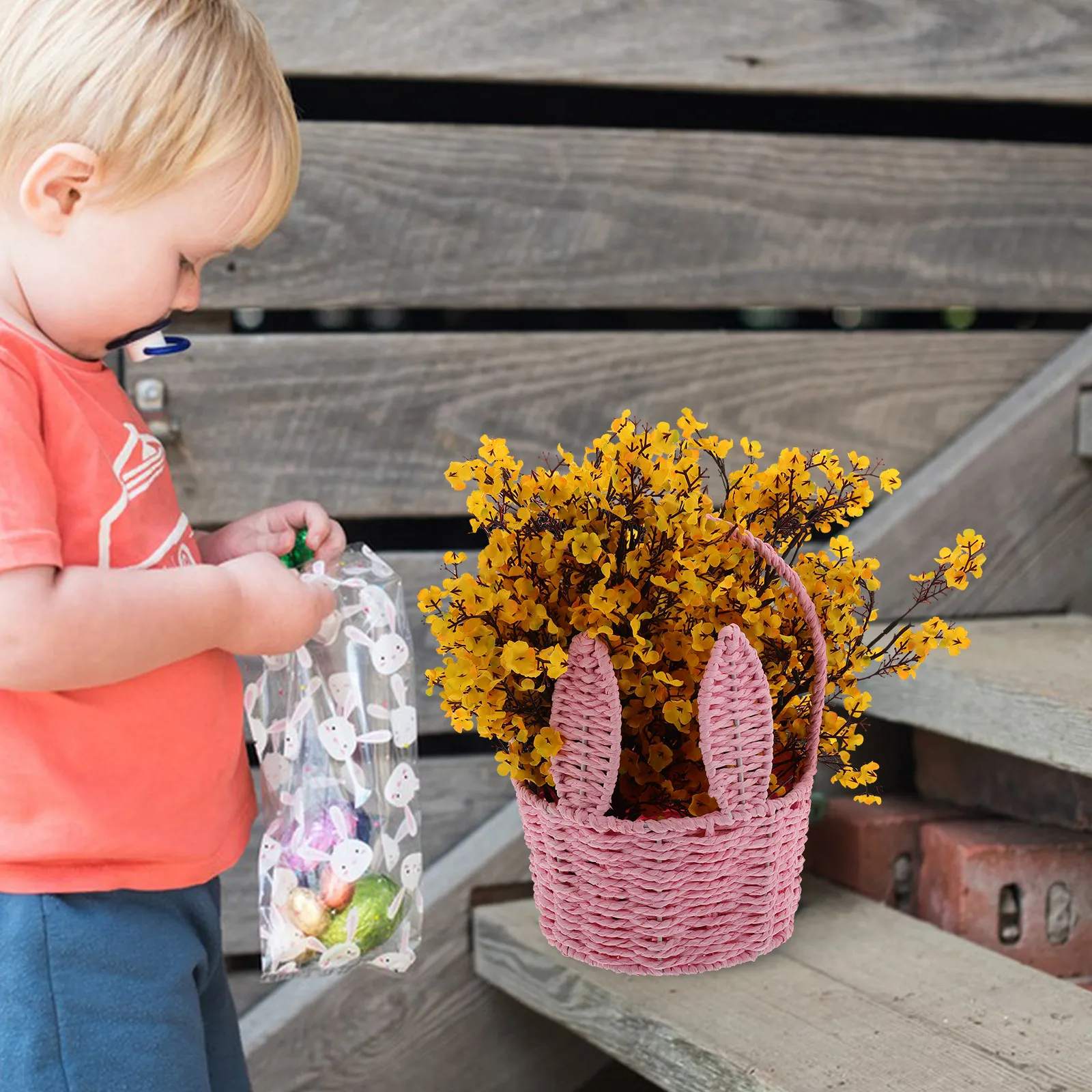 

Плетеная корзина ручной работы с ушками кролика, корзина для пикника, корзина для цветов, фруктов, конфет, розовая корзина для пикника