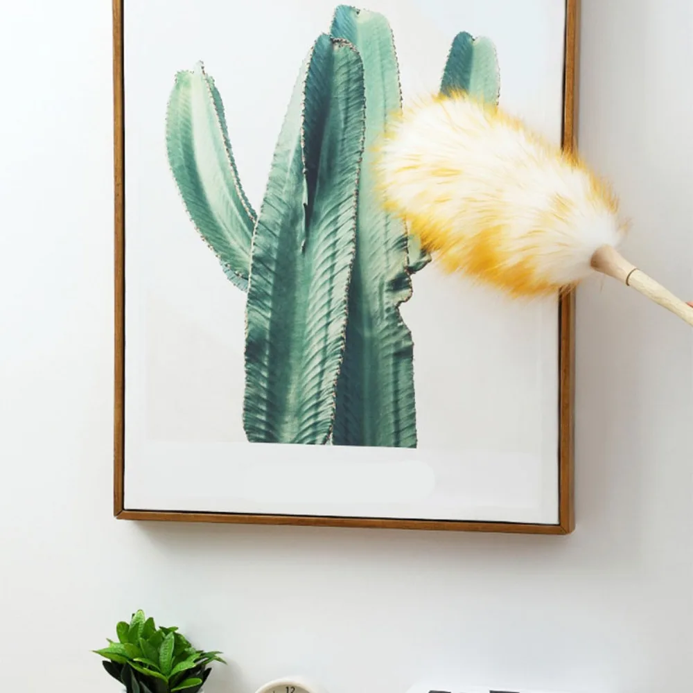 Yellow Long Wooden Handle Static Wool Duster Wood, Wool, Plastic, Fiber Pole length 22cm Anti-shed Fluffy Feather Dust Cleaner view 4