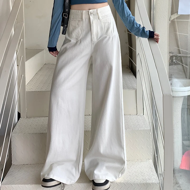 Korean Vintage White Jeans Women Baggy High Waist All Match Casual Do Old Denim Pants Female Fall Double Button Wide Leg Pants